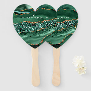 Agate Green Gold Glitter Geode Marble Custom Name Hand Fan