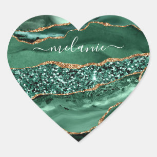 Agate Green Gold Glitter Geode Marble Custom Name Heart Sticker