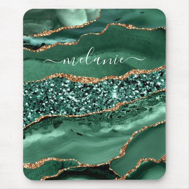 Agate Green Gold Glitter Geode Marble Custom Name Mouse Mat (Front)