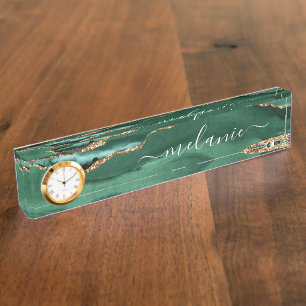 Agate Green Gold Glitter Geode Marble Custom Name Nameplate