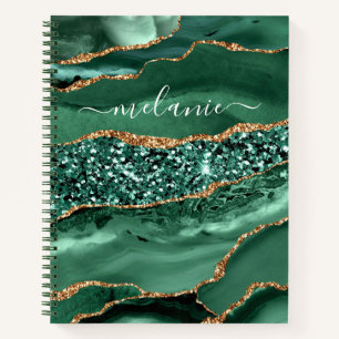 Agate Green Gold Glitter Geode Marble Custom Name Notebook