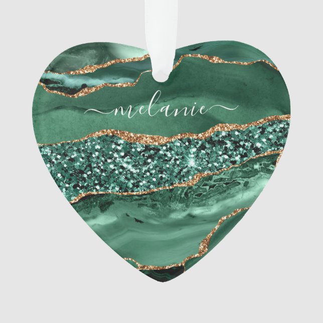 Agate Green Gold Glitter Geode Marble Custom Name Ornament (Front)