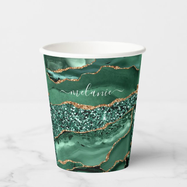 Agate Green Gold Glitter Geode Marble Custom Name Paper Cups (Front)