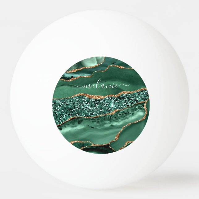 Agate Green Gold Glitter Geode Marble Custom Name Ping Pong Ball (Front)