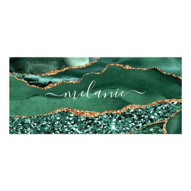 Agate Green Gold Glitter Geode Marble Custom Name Rack Card (Front)