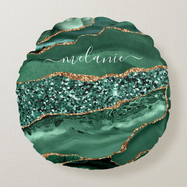 Agate Green Gold Glitter Geode Marble Custom Name Round Cushion (Front)
