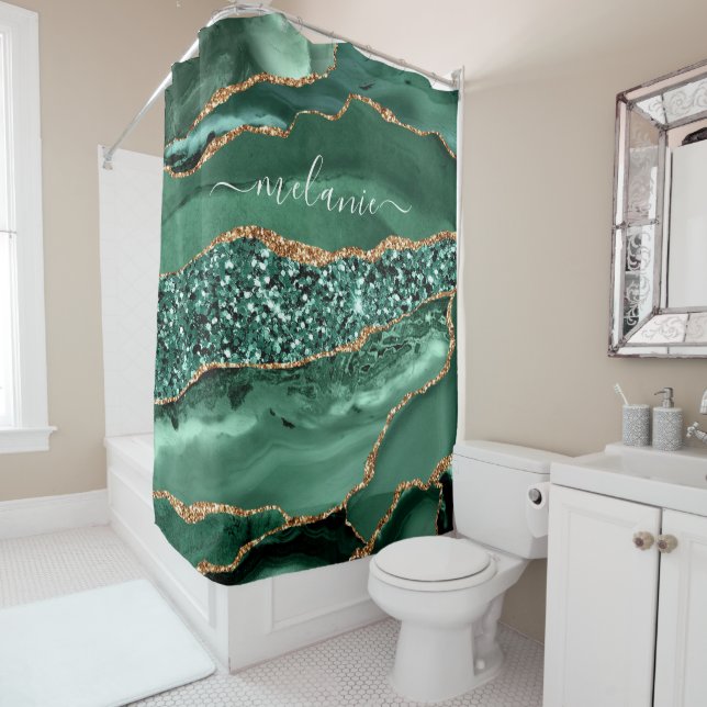 Agate Green Gold Glitter Geode Marble Custom Name Shower Curtain (In Situ)