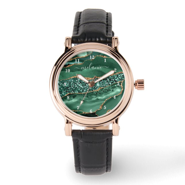 Agate Green Gold Glitter Geode Marble Custom Name Watch (Front)