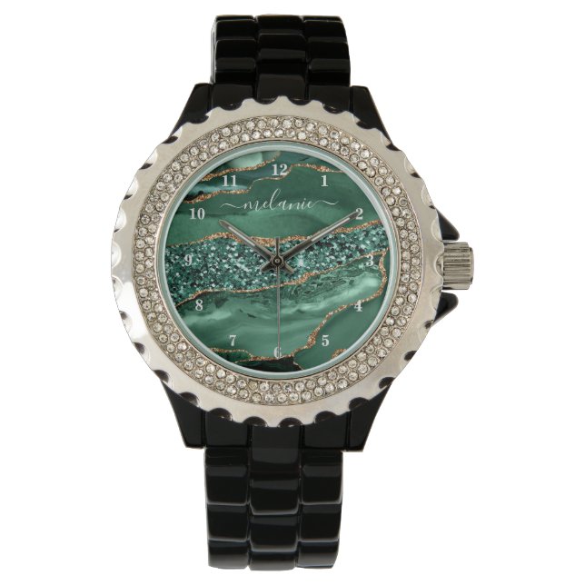 Agate Green Gold Glitter Geode Marble Custom Name Watch (Front)