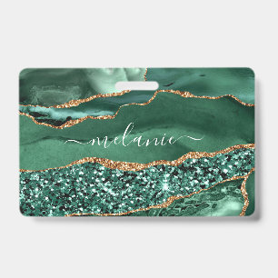 Agate Green Gold Glitter Geode Marble Name Badge ID Badge