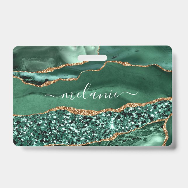 Agate Green Gold Glitter Geode Marble Name Badge ID Badge (Front)