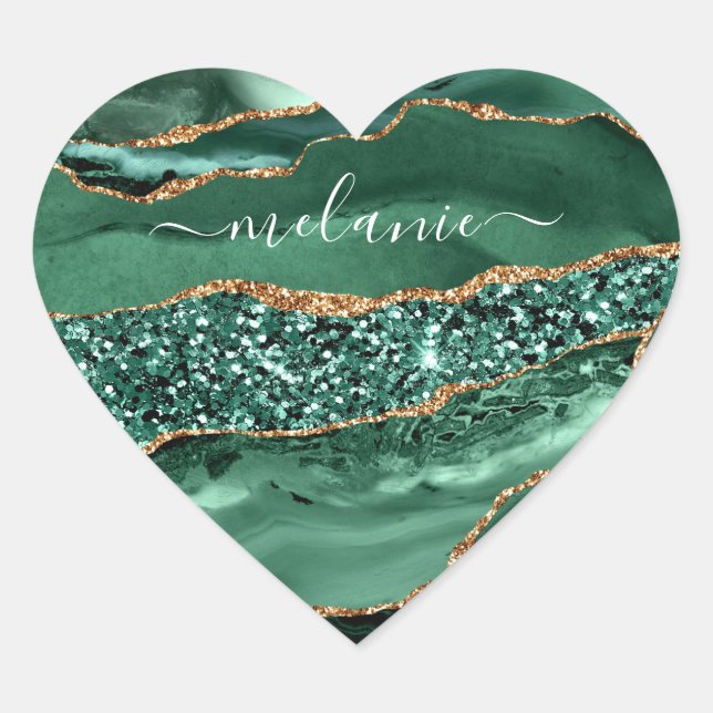 Agate Green Gold Glitter Geode Marble Name Sticker (Front)