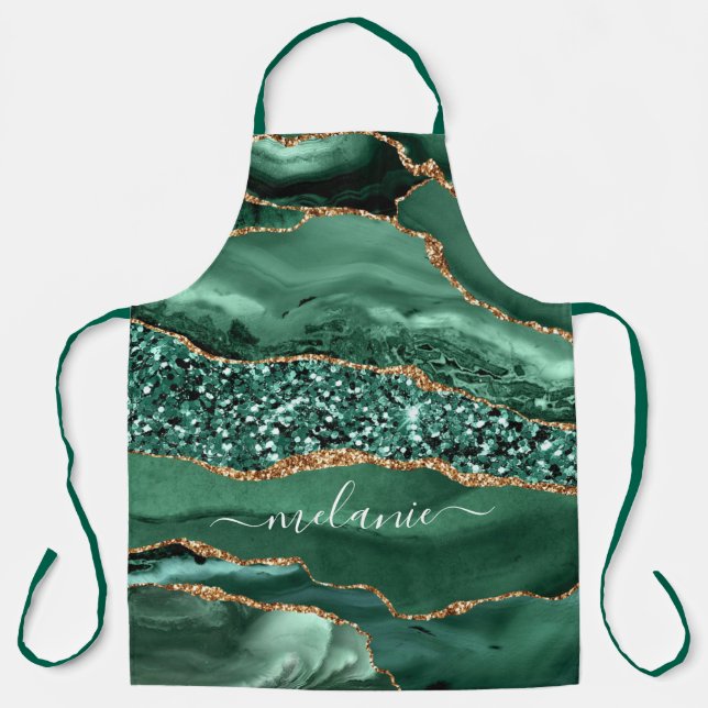 Agate Green Gold Glitter Geode Marble Your Name Apron (Front)