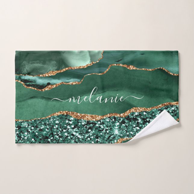 Agate Green Gold Glitter Geode Marble Your Name Bath Towel Set (Hand Towel)