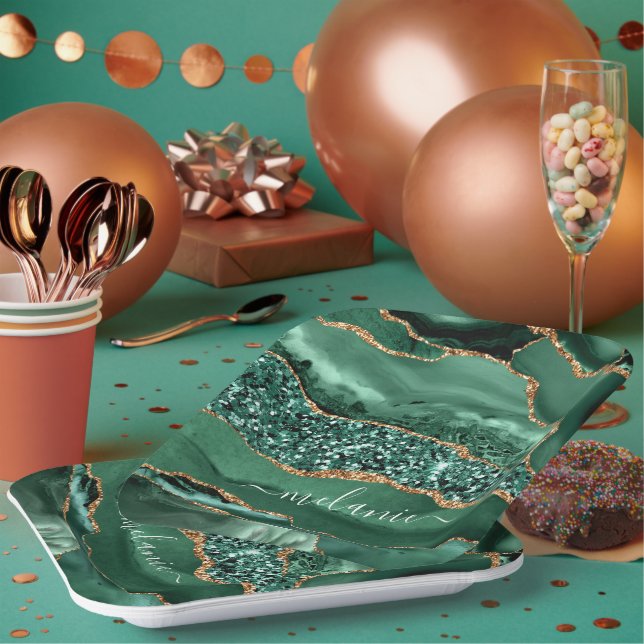 Agate Green Gold Glitter Geode Marble Your Name Paper Plate (Multi)