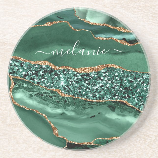 Agate Green Gold Glitter Marble Coaster Your Name (Front)