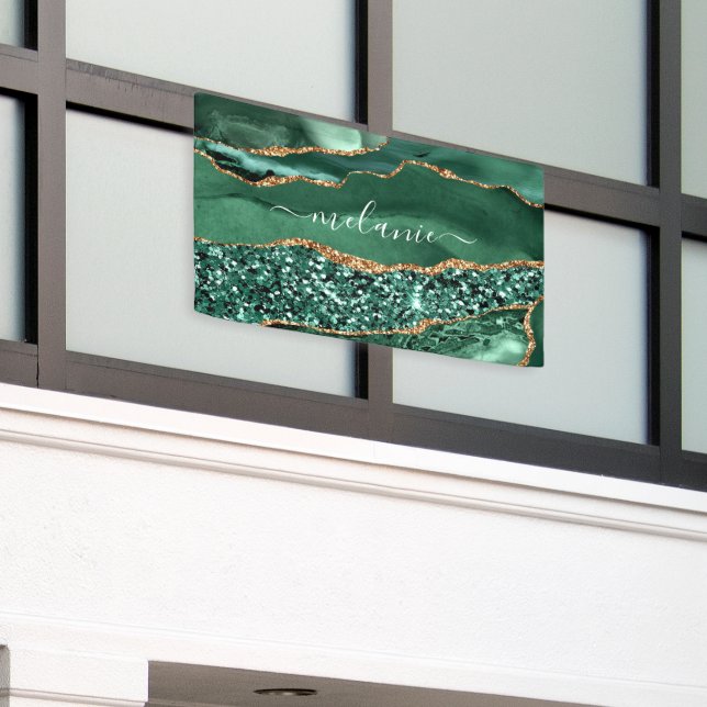 Agate Green Gold Glitter Marble Custom Name Banner (Outside Building)