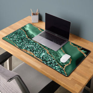 Agate Green Gold Glitter Marble Desk Mat