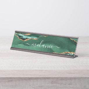 Agate Green Gold Glitter Marble Desk Name Plate