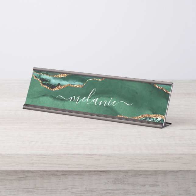 Agate Green Gold Glitter Marble Desk Name Plate (Front)
