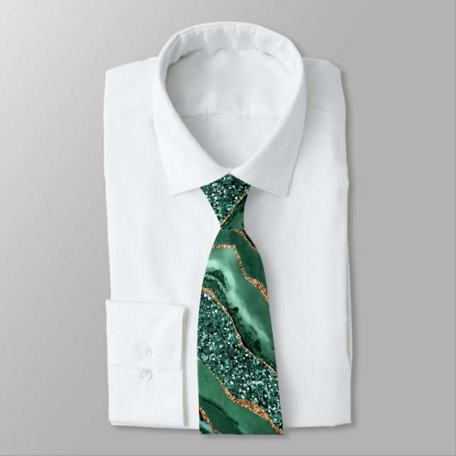 Agate Green Gold Glitter Marble Emerald Neck Tie (Tied)