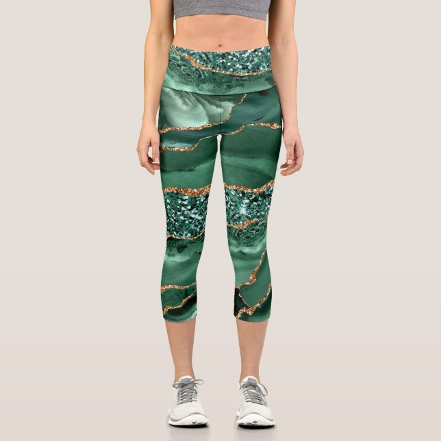 Agate Green Gold Glitter Marble Gemstone Leggings (Front)