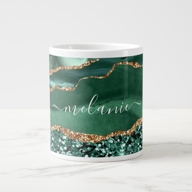Agate Green Gold Glitter Marble Mug Custom Name (Front)