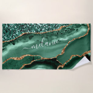 Agate Green Gold Glitter Marble Name Beach Towel