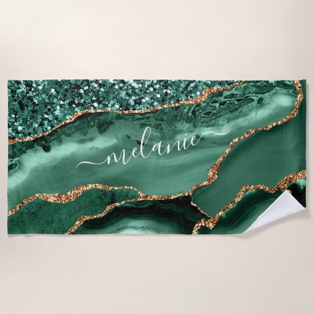 Agate Green Gold Glitter Marble Name Beach Towel (Front)