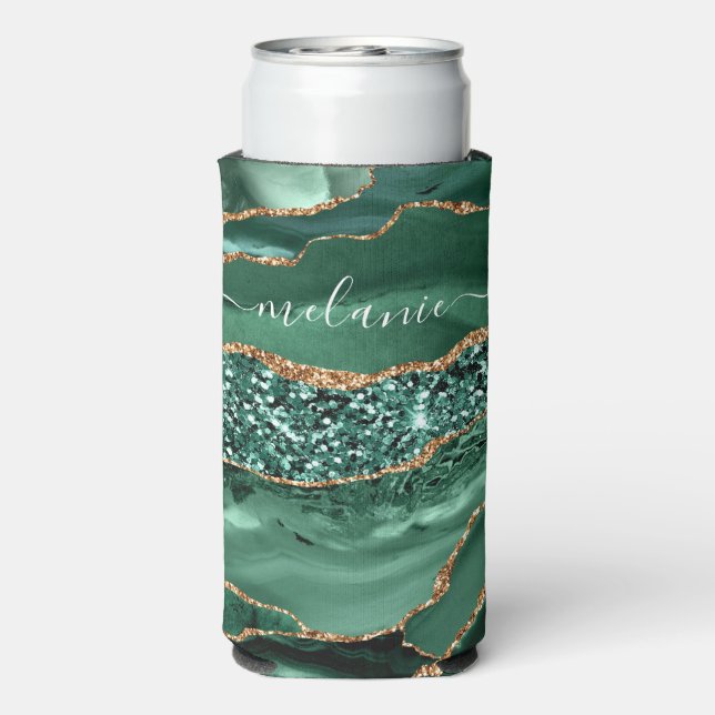 Agate Green Gold Glitter Marble Name Can Cooler (Seltzer Back)