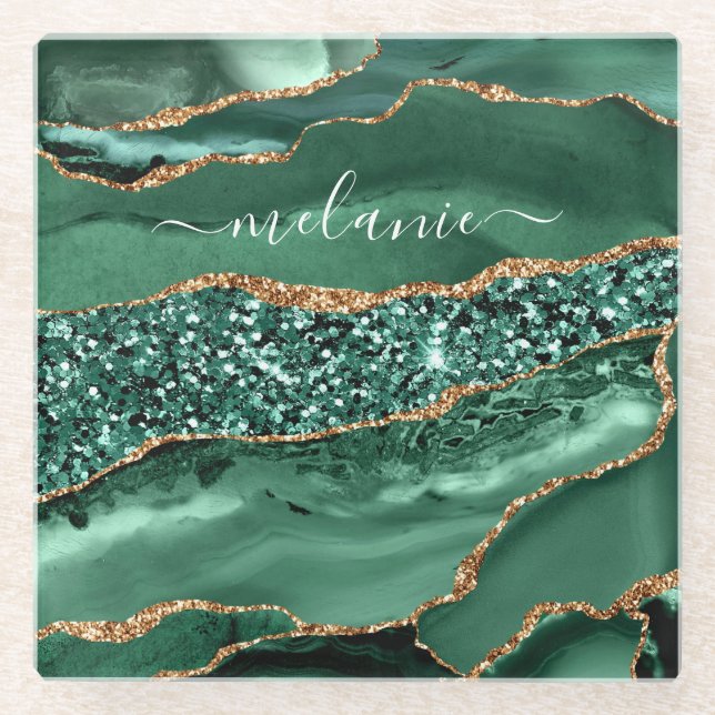 Agate Green Gold Glitter  Marble Name Coaster (Front)