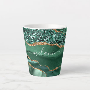Agate Green Gold Glitter Marble Name Latte Mug