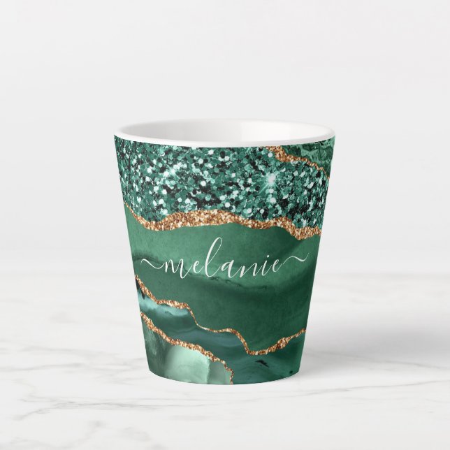 Agate Green Gold Glitter Marble Name Latte Mug (Front)