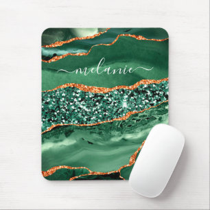 Agate Green Gold Glitter Marble Name Mouse Pad