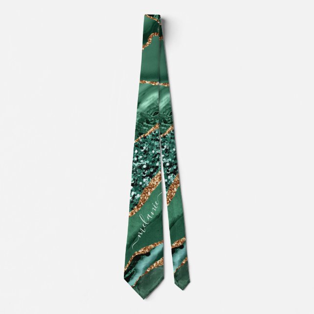 Agate Green Gold Glitter Marble Neck Tie Your Name (Front)