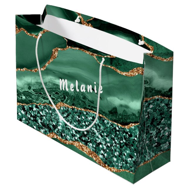 Agate Green Gold Glitter Marble Your Name Gift Bag (Back Angled)