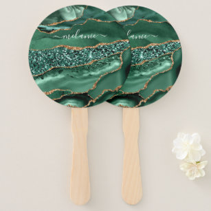 Agate Green Gold Glitter Marble Your Name Hand Fan