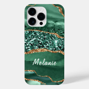 Agate Green Gold Glitter Marble Your Name iPhone 14 Pro Max Case