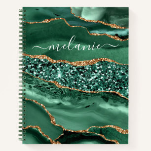Agate Green Gold Glitter Marble Your Name Notebook