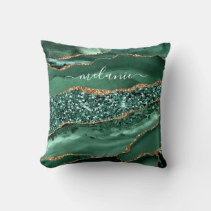 Agate Green Gold Glitter Marble Your Name Pillow