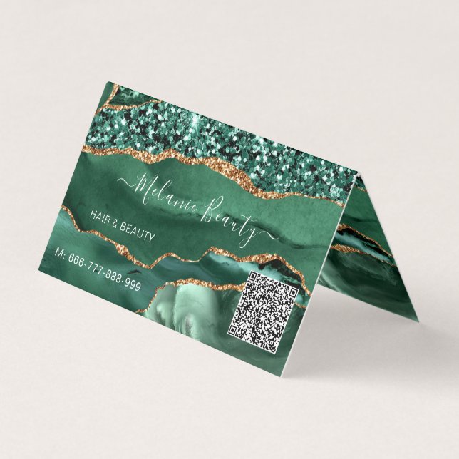 Agate Green Gold Glitter Modern Design QR Code  Business Card (Front)