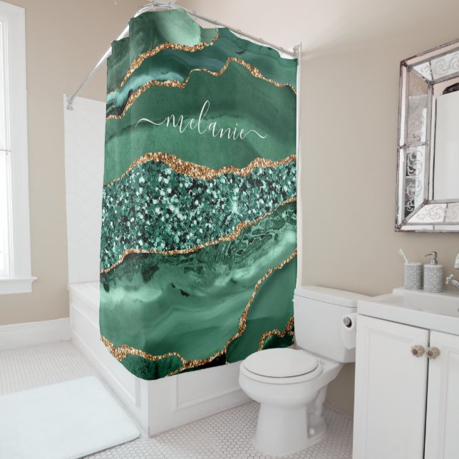 Agate Green Gold Glitter Your Name Shower Curtain (In Situ)