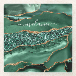 Agate Green Gold Marble Coaster Custom Name