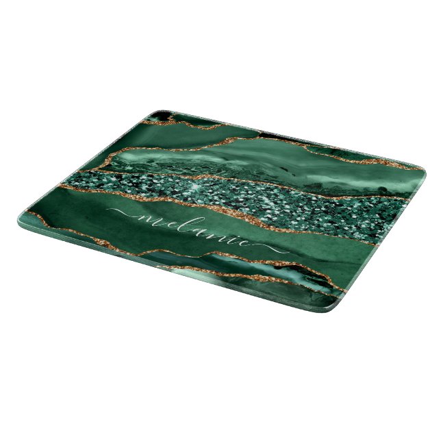 Agate Green Gold Marble Custom Name Cutting Board (Corner)