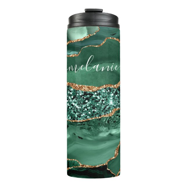 Agate Green Gold Marble Your Name Thermal Tumbler (Front)