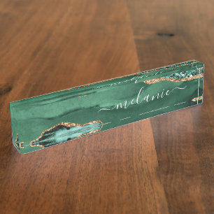 Agate Green Gold Sparkle Marble Desk Name Plate