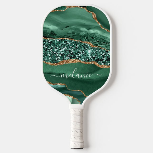 Agate Green Gold Sparkle Name Pickleball Paddle (Front)