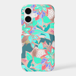 Agate green living coral teal rose gold floral Cas