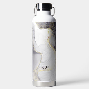Agate Grey and Black Marble Custom Name Letter Water Bottle