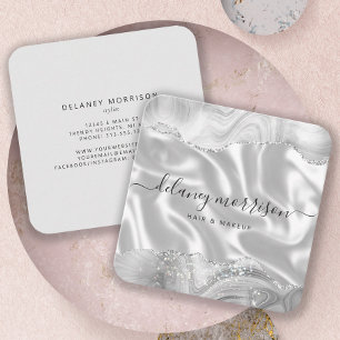 Agate Grey Silver Glitter Luxury Rounded Corners Square Business Card